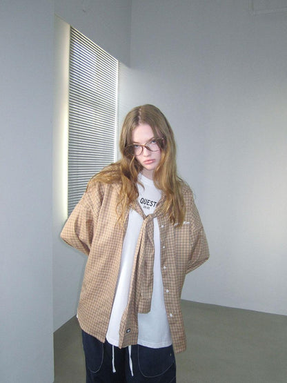 Beige And Navy Detachable Hood Plaid Longsleeve Women&