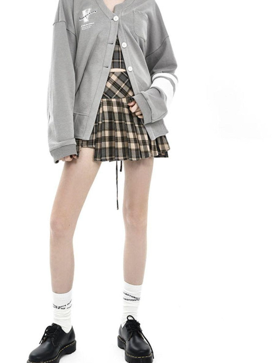 Beige Check Herringbone Cropped Short Women&