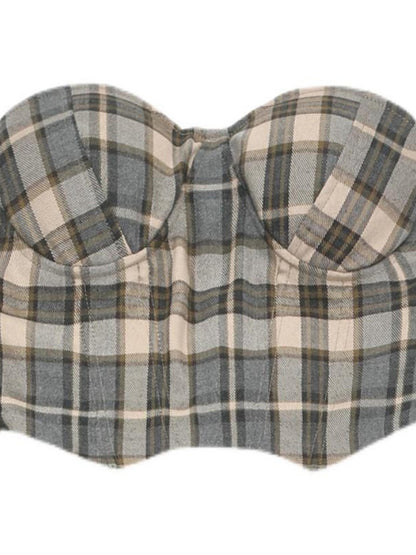 Beige Check Herringbone Cropped Short Women&