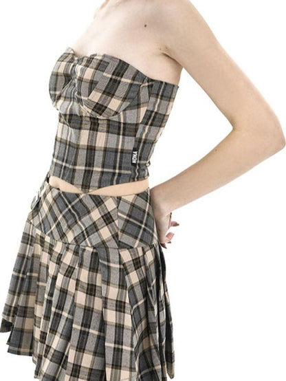 Beige Check Herringbone Cropped Short Women&