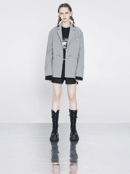 ANYQUESTION Black And White Check Boxy Silhouette Silver Chain Embellished Women&