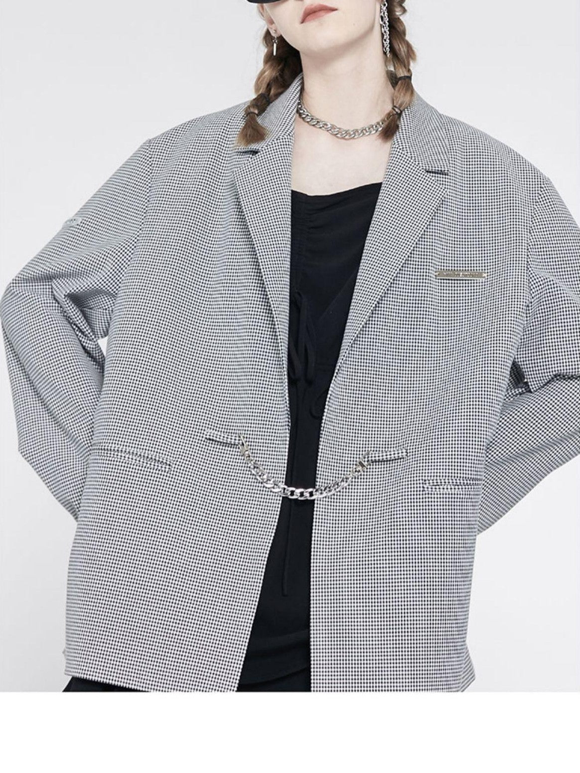 ANYQUESTION Black And White Check Boxy Silhouette Silver Chain Embellished Women&