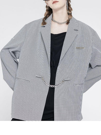 ANYQUESTION Black And White Check Boxy Silhouette Silver Chain Embellished Women&