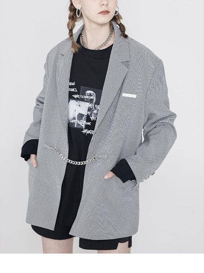 ANYQUESTION Black And White Check Boxy Silhouette Silver Chain Embellished Women&