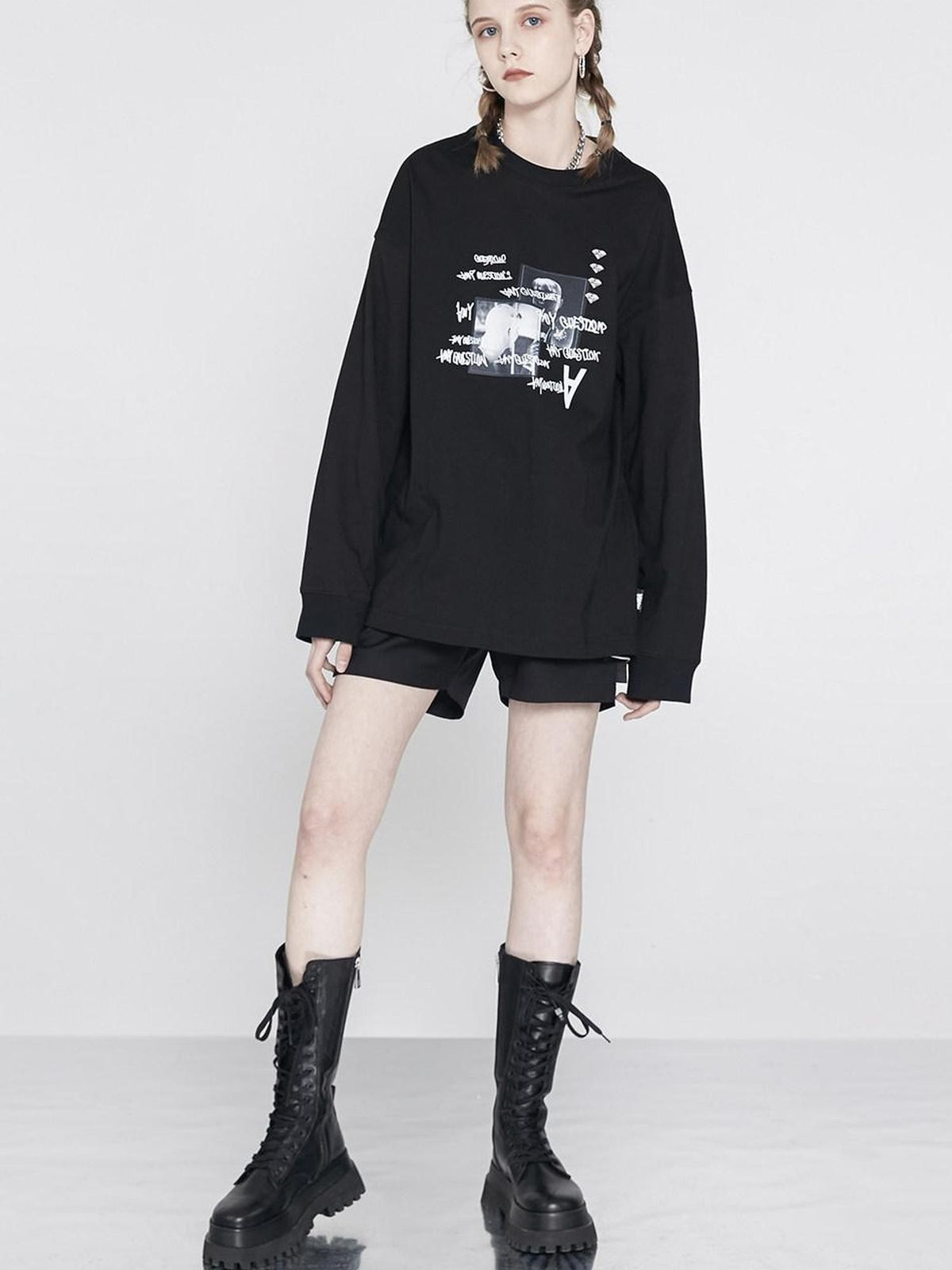 ANYQUESTION Black And White Logo Print Crewneck Oversized Women&