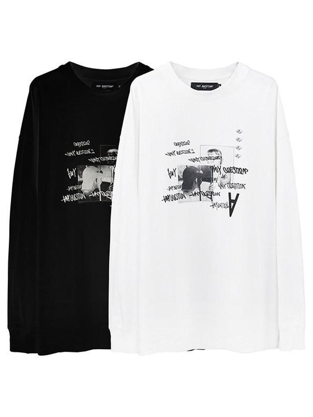 ANYQUESTION Black And White Logo Print Crewneck Oversized Women&