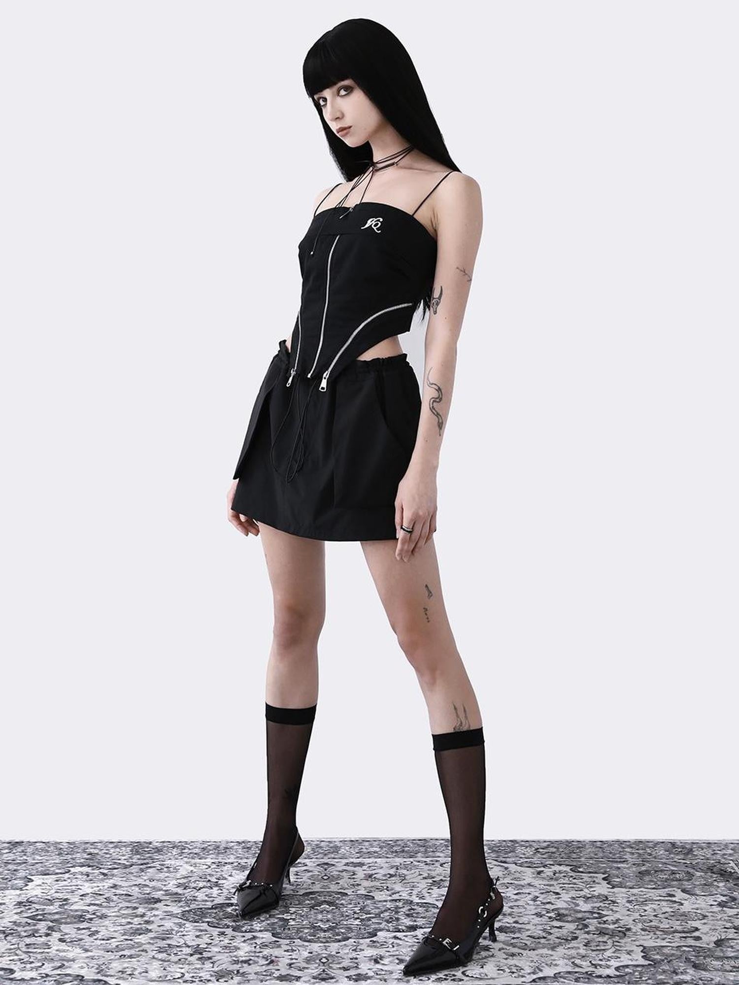 ANYQUESTION Black And White Ribbon Drawstring Elastic Waist Women&