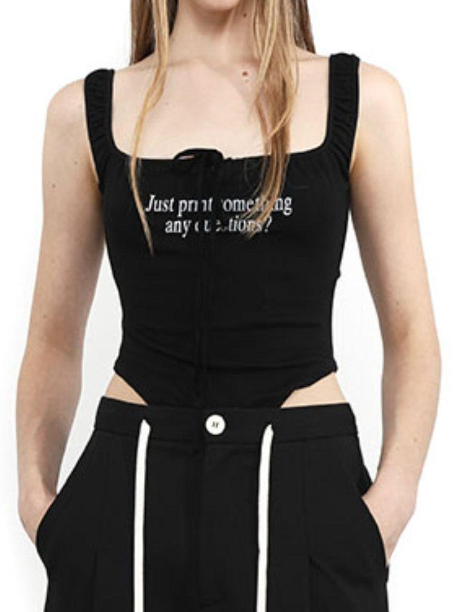 ANYQUESTION Black And White Ruched Letter Print High Cut Tie Women&