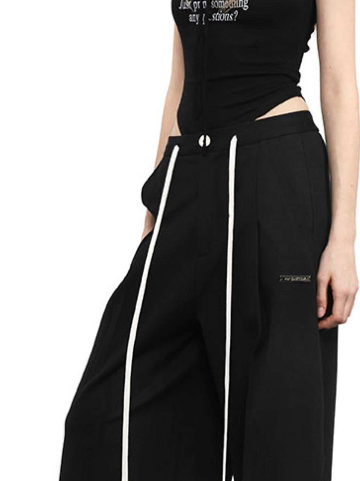 ANYQUESTION Black And White Ruched Letter Print High Cut Tie Women&