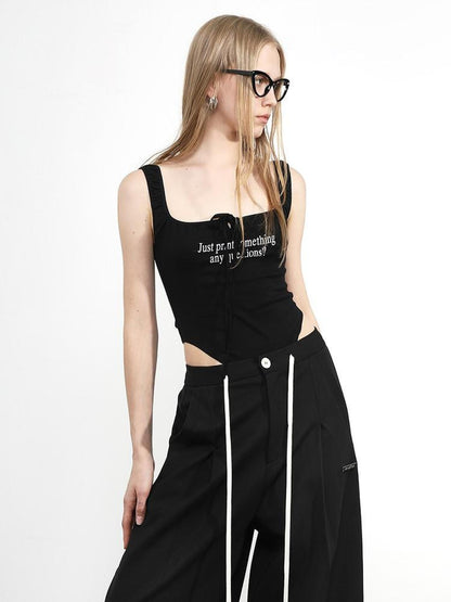 ANYQUESTION Black And White Ruched Letter Print High Cut Tie Women&