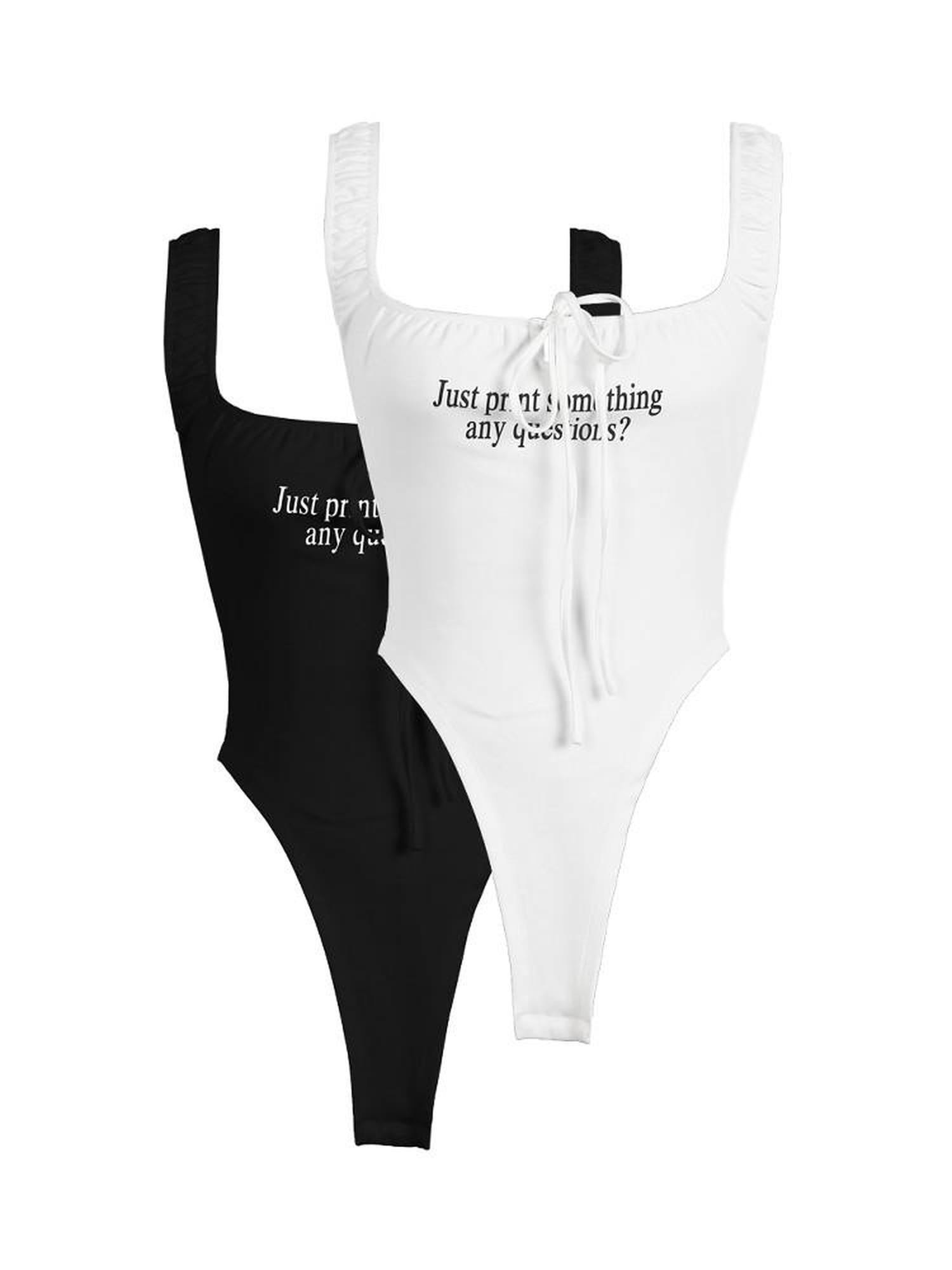 ANYQUESTION Black And White Ruched Letter Print High Cut Tie Women&