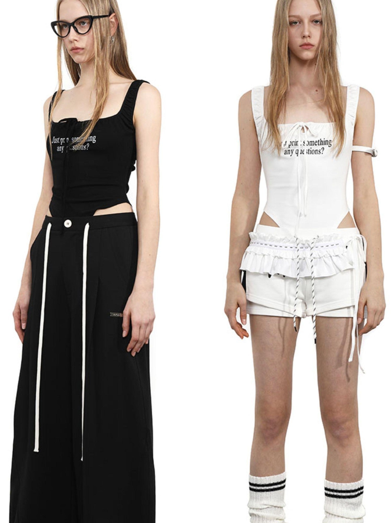 ANYQUESTION Black And White Ruched Letter Print High Cut Tie Women&