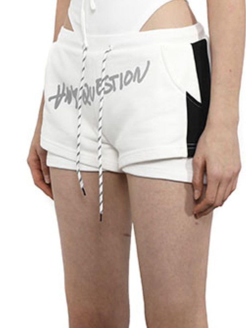 ANYQUESTION Black And White Ruched Letter Print High Cut Tie Women&