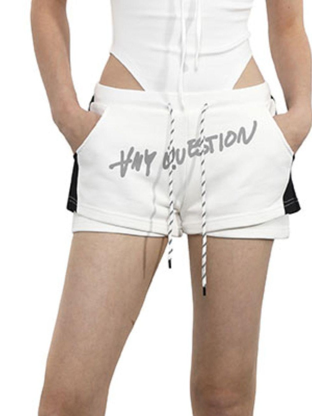 ANYQUESTION Black And White Ruched Letter Print High Cut Tie Women&