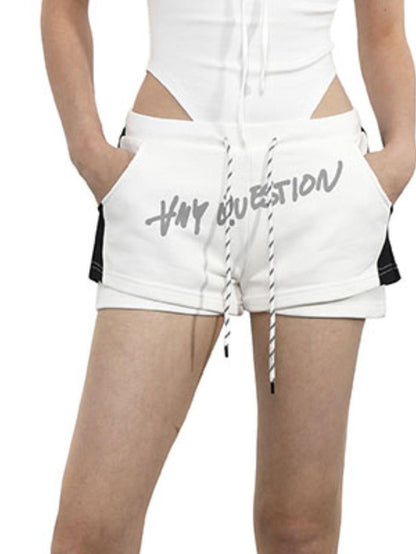 ANYQUESTION Black And White Ruched Letter Print High Cut Tie Women&
