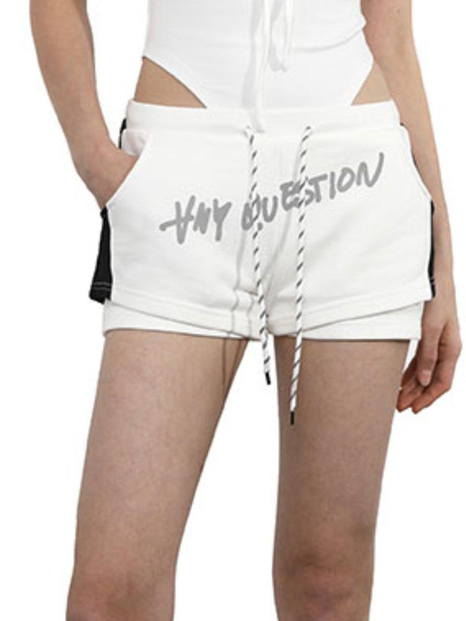ANYQUESTION Black And White Ruched Letter Print High Cut Tie Women&
