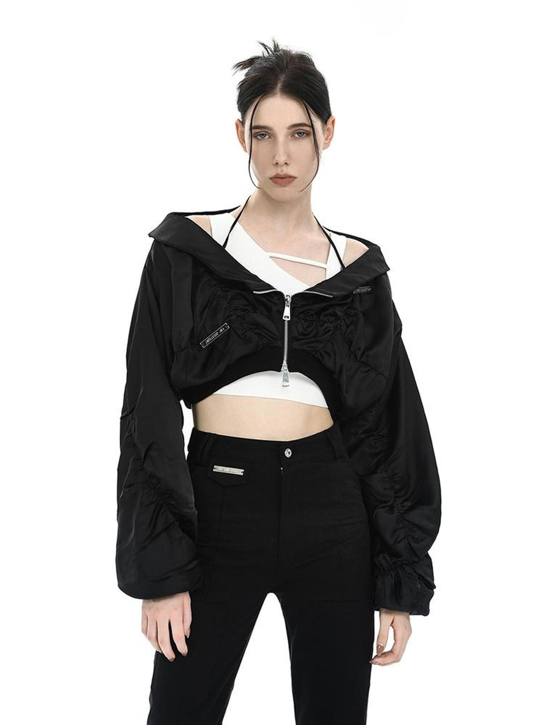 ANYQUESTION Black And White Ruched Shell Convertible Women&