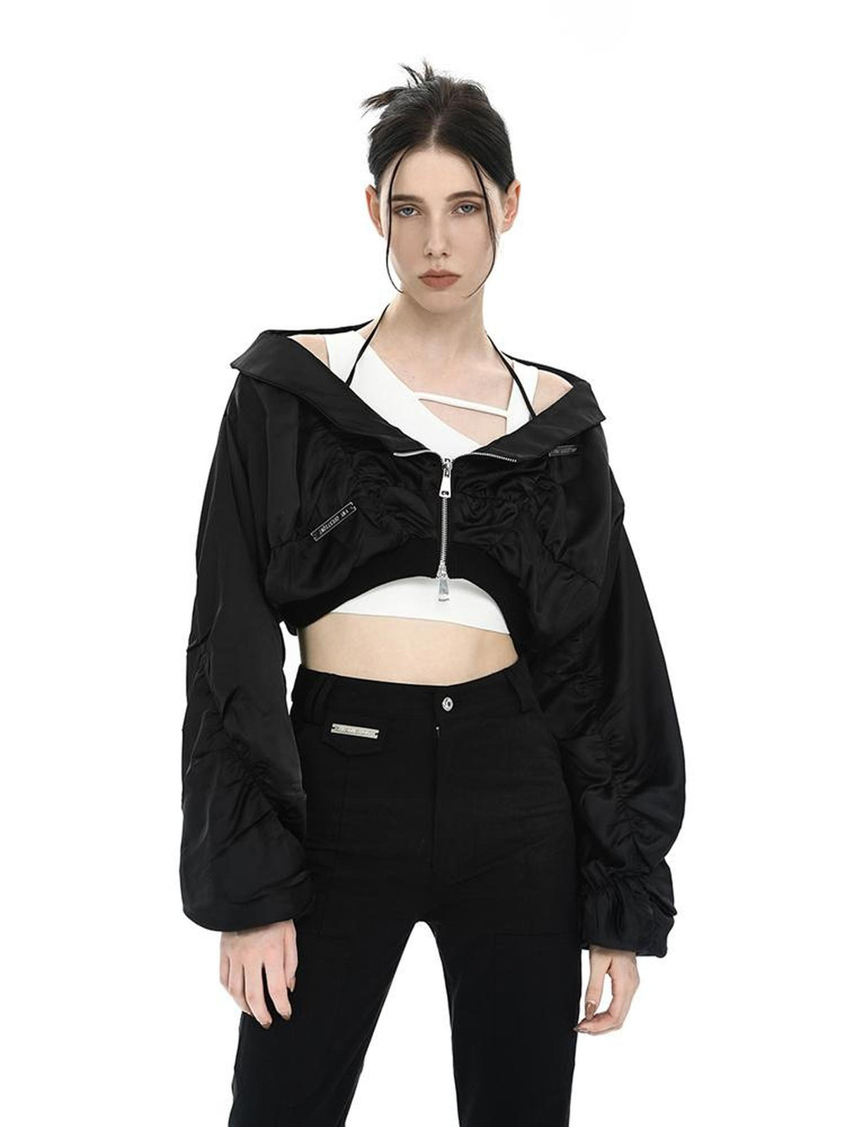 ANYQUESTION Black And White Ruched Shell Convertible Women&