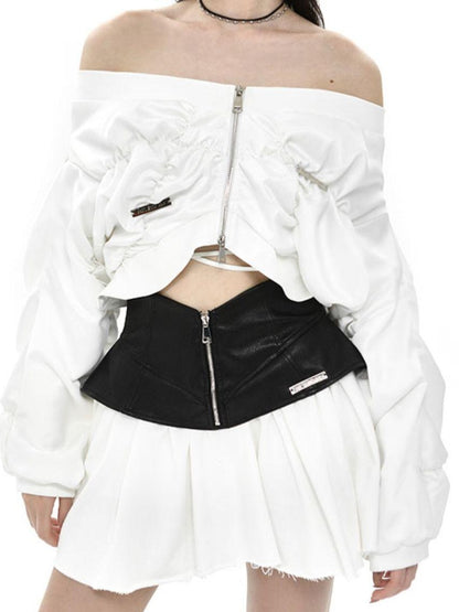 ANYQUESTION Black And White Ruched Shell Convertible Women&