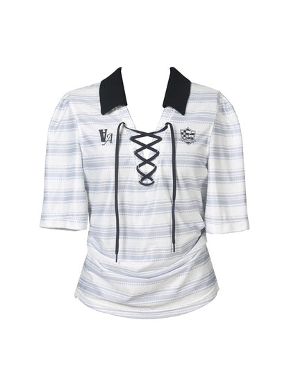 ANYQUESTION_Black_And_White_Striped_V-neck_Tie_Ruched_Women&