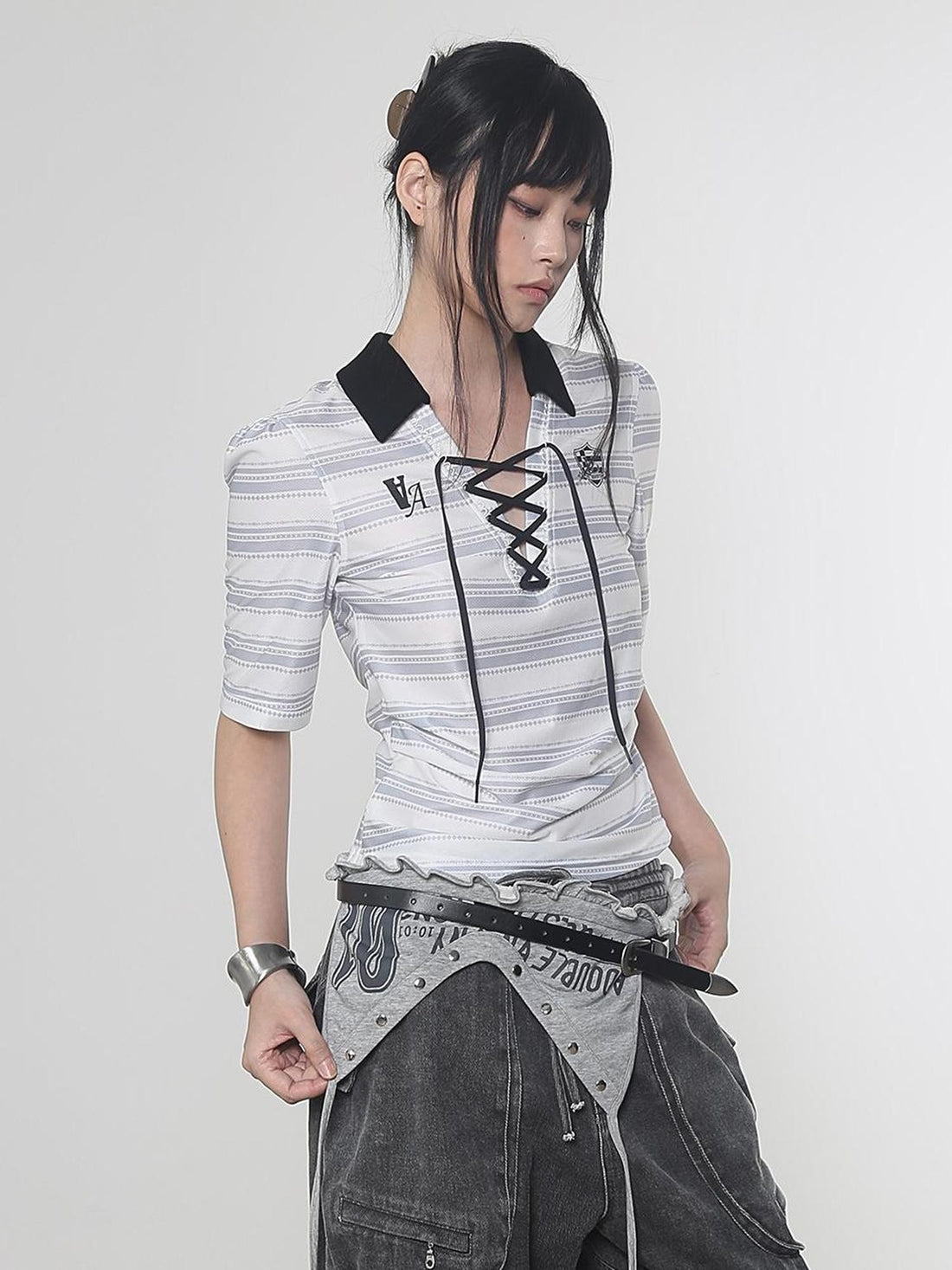 ANYQUESTION Black And White Striped V-neck Tie Ruched Women&