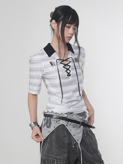 ANYQUESTION Black And White Striped V-neck Tie Ruched Women&