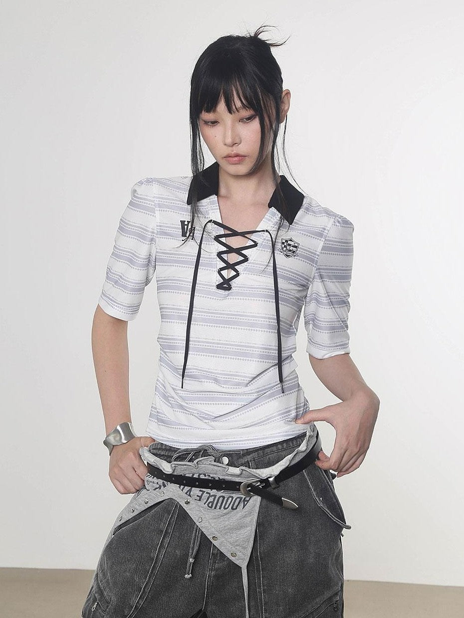 ANYQUESTION Black And White Striped V-neck Tie Ruched Women&