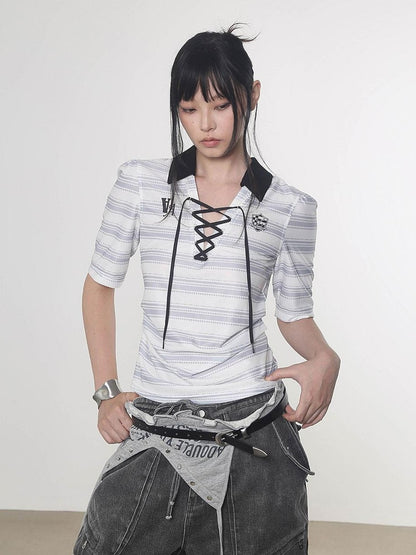 ANYQUESTION Black And White Striped V-neck Tie Ruched Women&