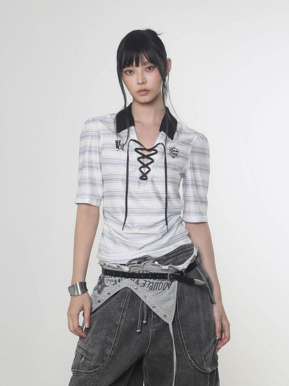 ANYQUESTION Black And White Striped V-neck Tie Ruched Women&