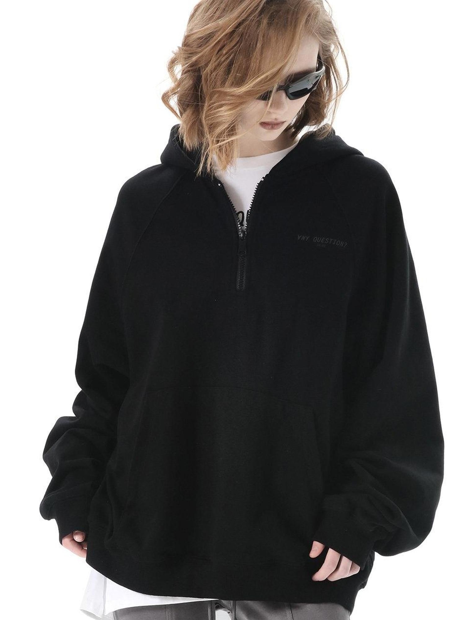 ANYQUESTION Black Classic Logo Raglan Zip Hooded Long Sleeve Women&