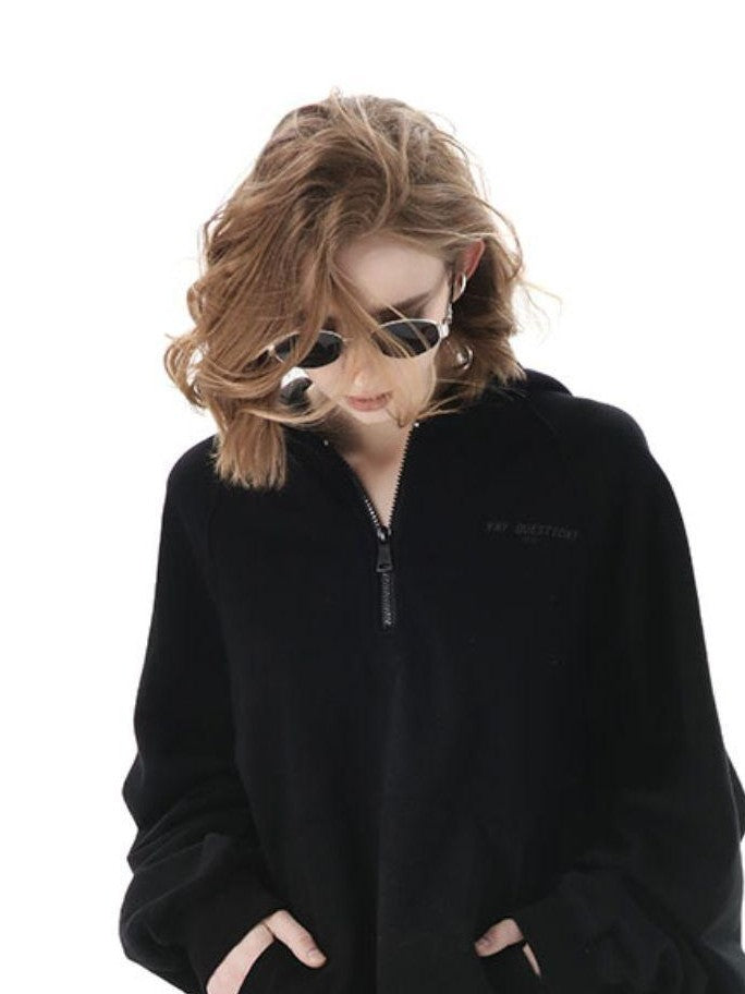 ANYQUESTION Black Classic Logo Raglan Zip Hooded Long Sleeve Women&