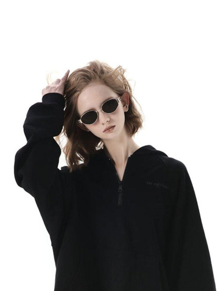ANYQUESTION Black Classic Logo Raglan Zip Hooded Long Sleeve Women&