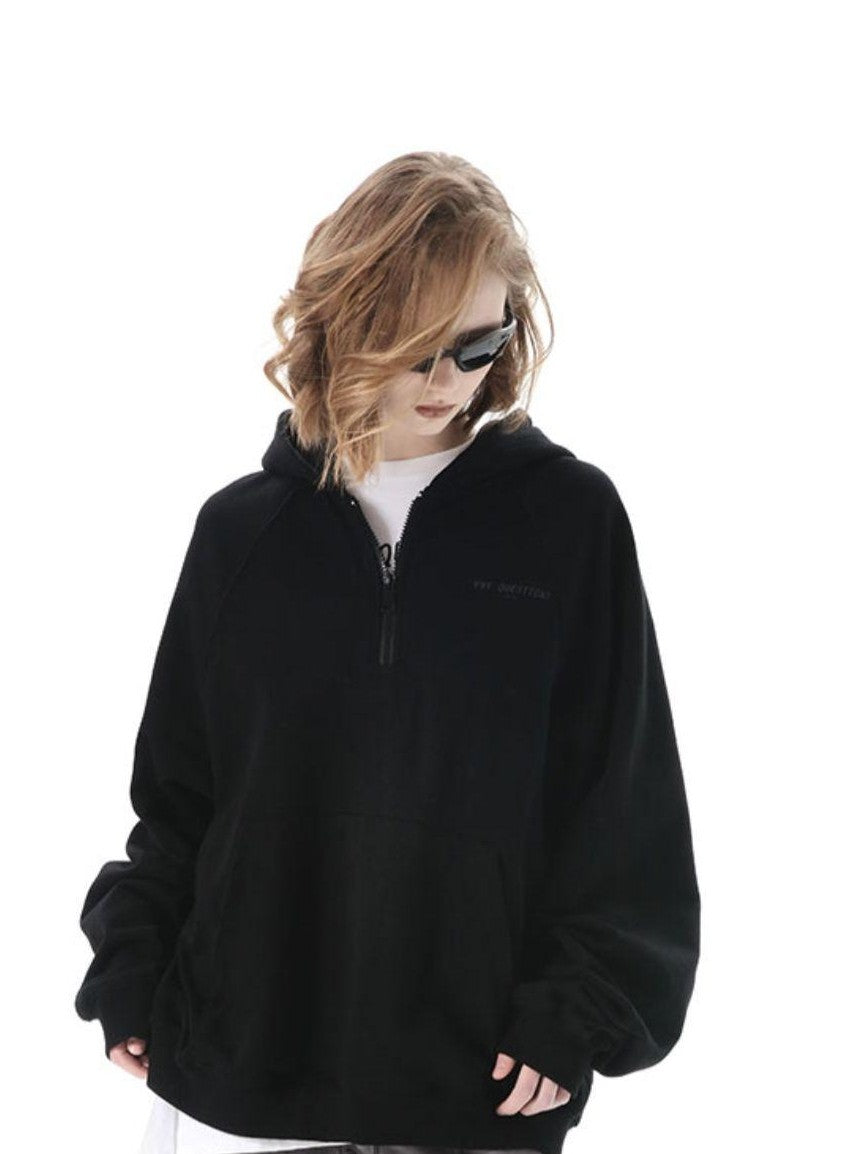ANYQUESTION Black Classic Logo Raglan Zip Hooded Long Sleeve Women&