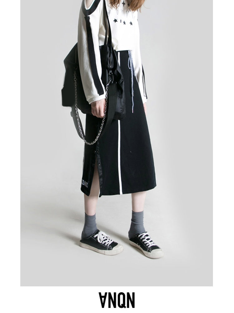 ANYQUESTION_Black_Contrast_Stitch_Panel_Striped_Side_Snap_Tie_Women&
