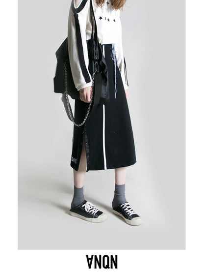 ANYQUESTION_Black_Contrast_Stitch_Panel_Striped_Side_Snap_Tie_Women&