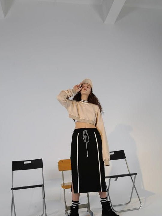ANYQUESTION Black Contrast Stitch Panel Striped Side Snap Tie Women&