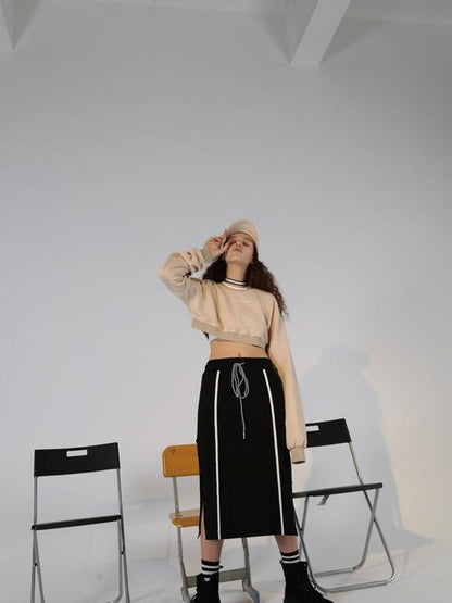ANYQUESTION Black Contrast Stitch Panel Striped Side Snap Tie Women&