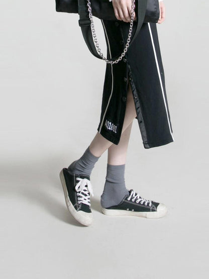 ANYQUESTION Black Contrast Stitch Panel Striped Side Snap Tie Women&