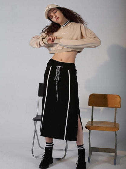 ANYQUESTION Black Contrast Stitch Panel Striped Side Snap Tie Women&