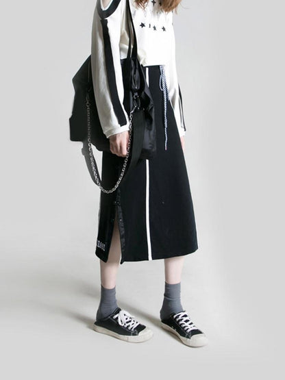 ANYQUESTION Black Contrast Stitch Panel Striped Side Snap Tie Women&