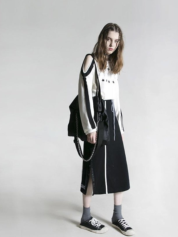 ANYQUESTION Black Contrast Stitch Panel Striped Side Snap Tie Women&