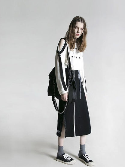 ANYQUESTION Black Contrast Stitch Panel Striped Side Snap Tie Women&