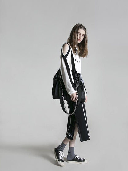 ANYQUESTION Black Contrast Stitch Panel Striped Side Snap Tie Women&