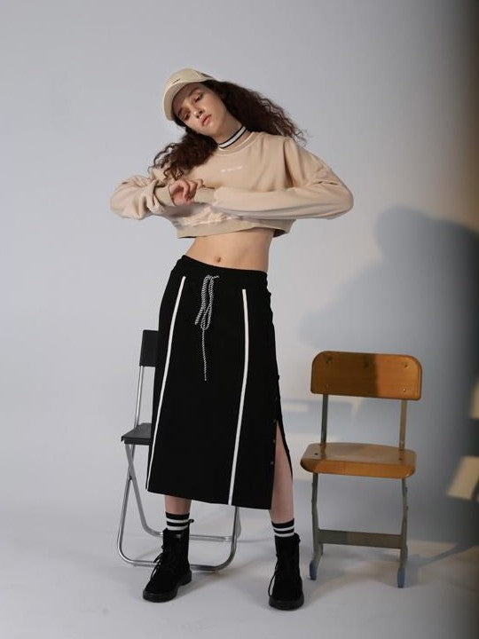 ANYQUESTION Black Contrast Stitch Panel Striped Side Snap Tie Women&