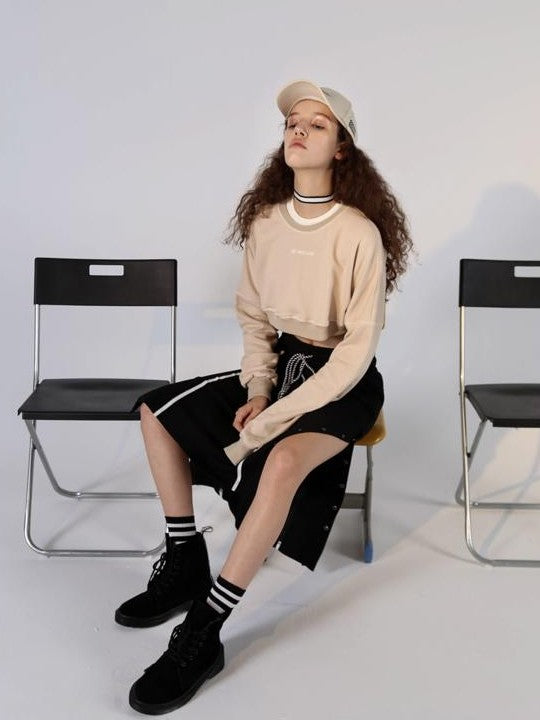ANYQUESTION Black Contrast Stitch Panel Striped Side Snap Tie Women&