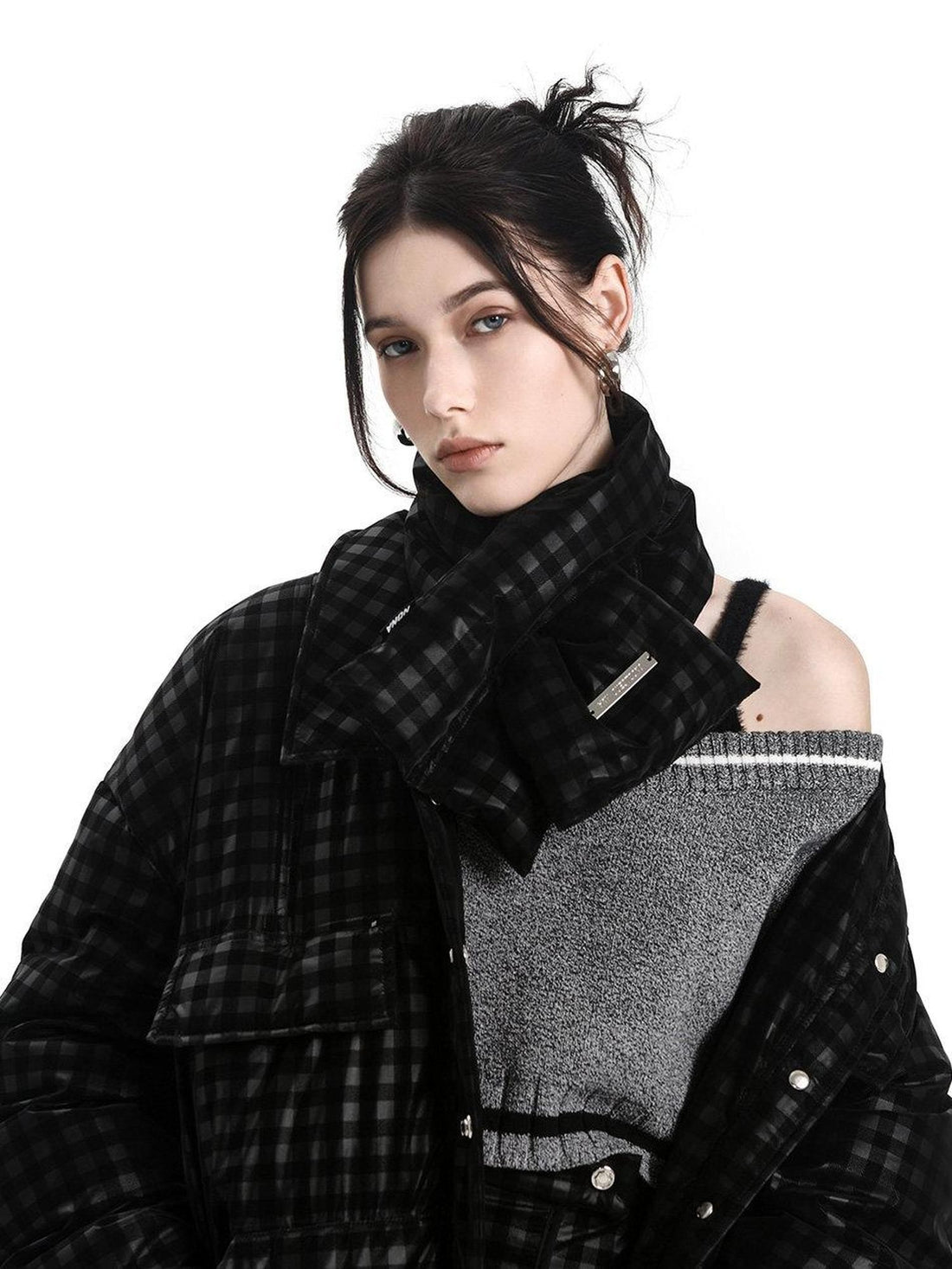 ANYQUESTION Black Dark Grid Pattern Women&