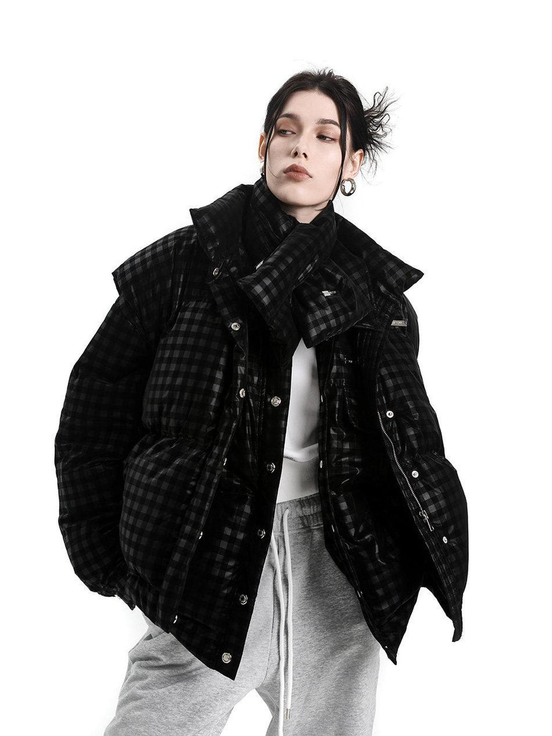ANYQUESTION Black Dark Grid Pattern Women&
