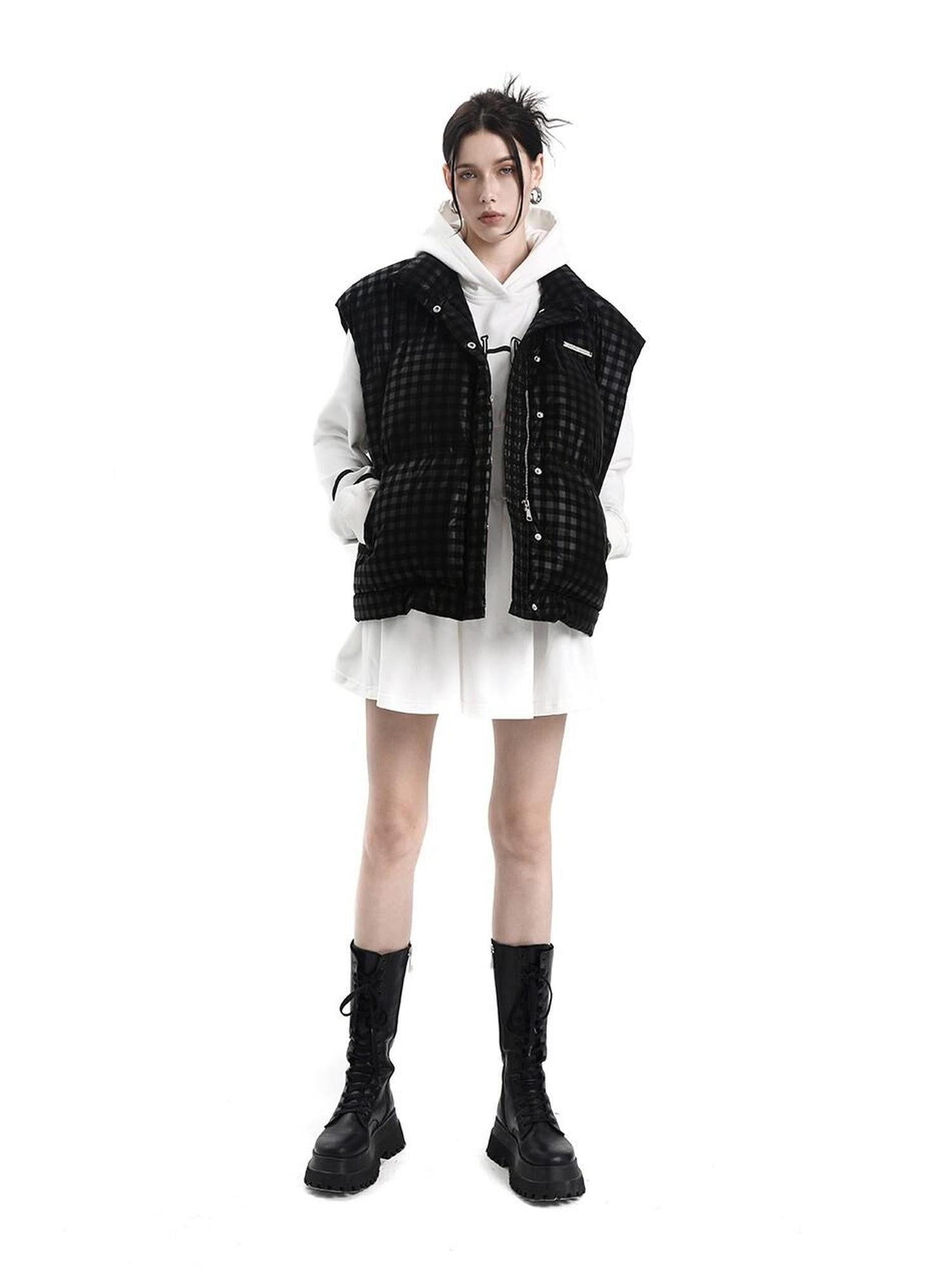 ANYQUESTION Black Dark Grid Quilted Street Women&