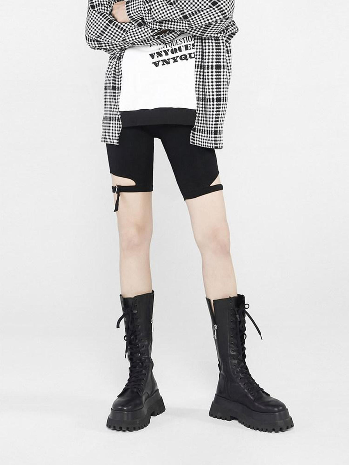 ANYQUESTION Black Deconstructed Cutout Stretch Slim Women&