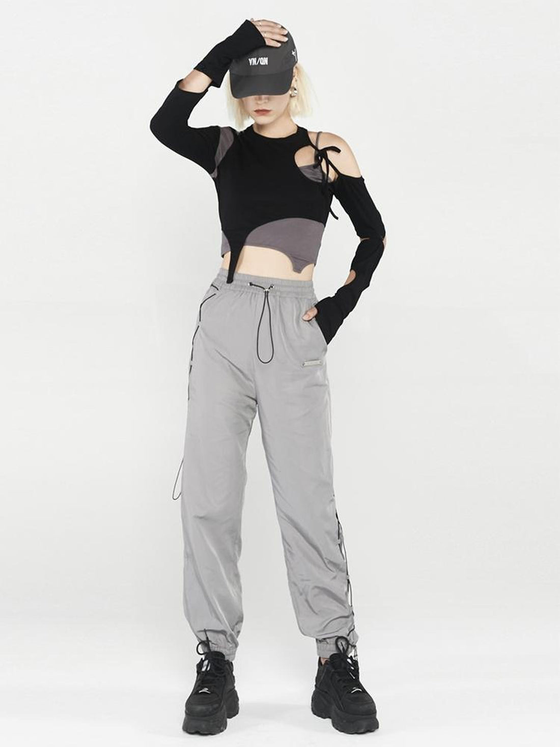ANYQUESTION Black Gray Deconstructed Tie Detachable Slim Knit Women&